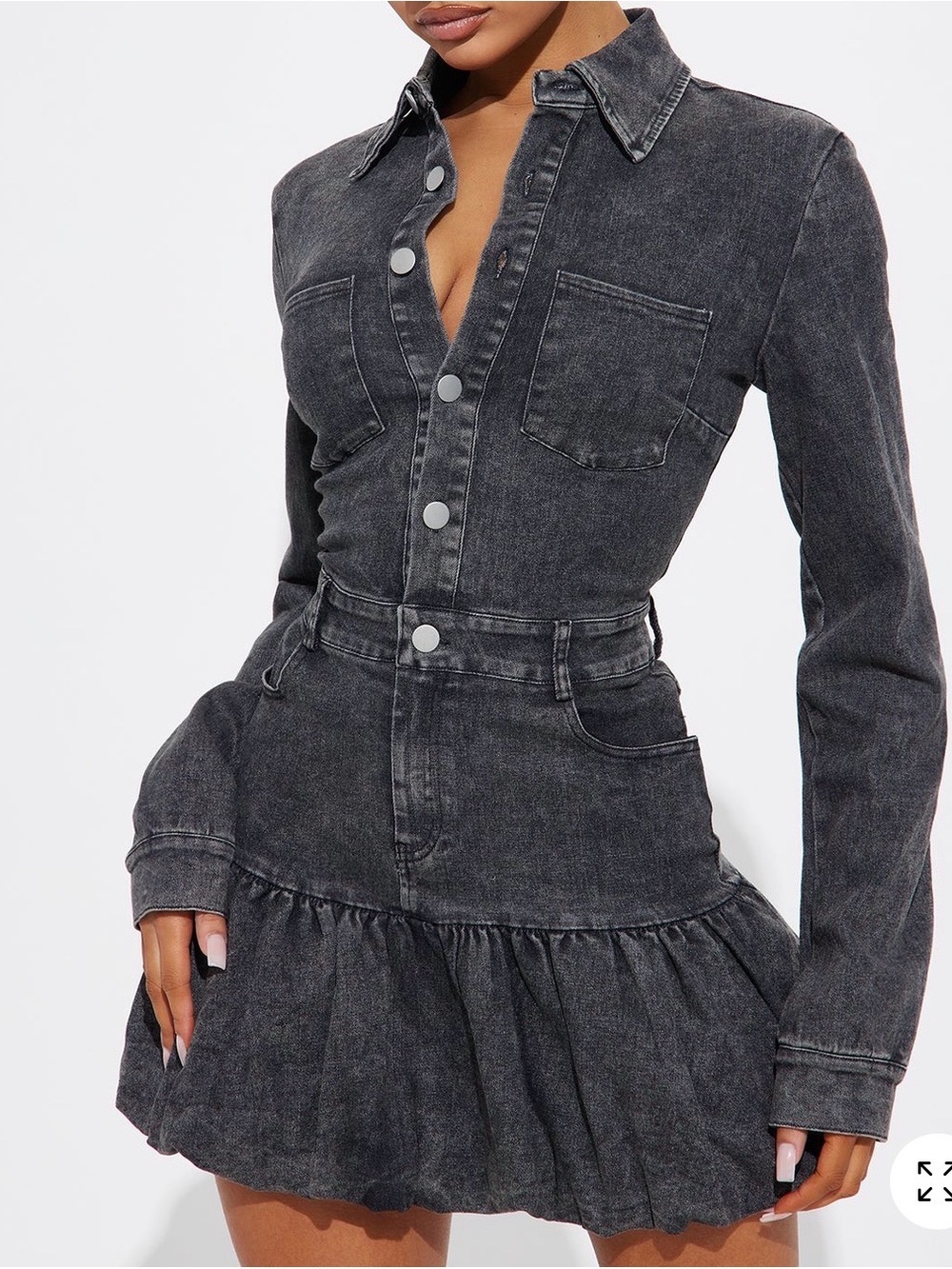 Fashion Nova Washed Black Denim Ruffle Hem Shirt Dress